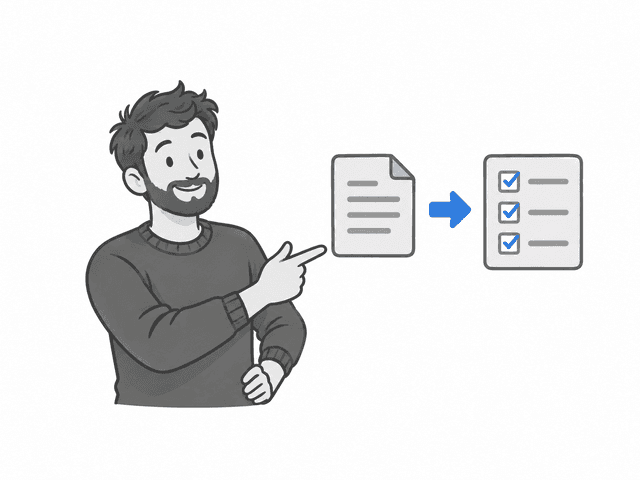A smiling person points to a page of notes turning into a checklist.