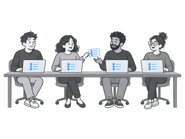 Four teammates at one long desk; one passes a blue checklist card along, and the same card is on every laptop.