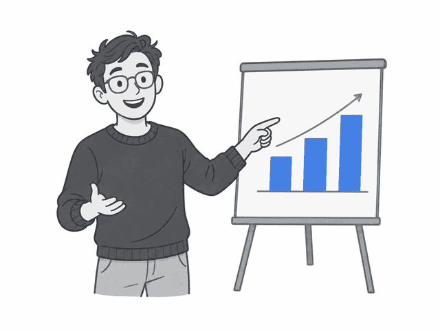 A person points happily at a chart with rising blue bars.